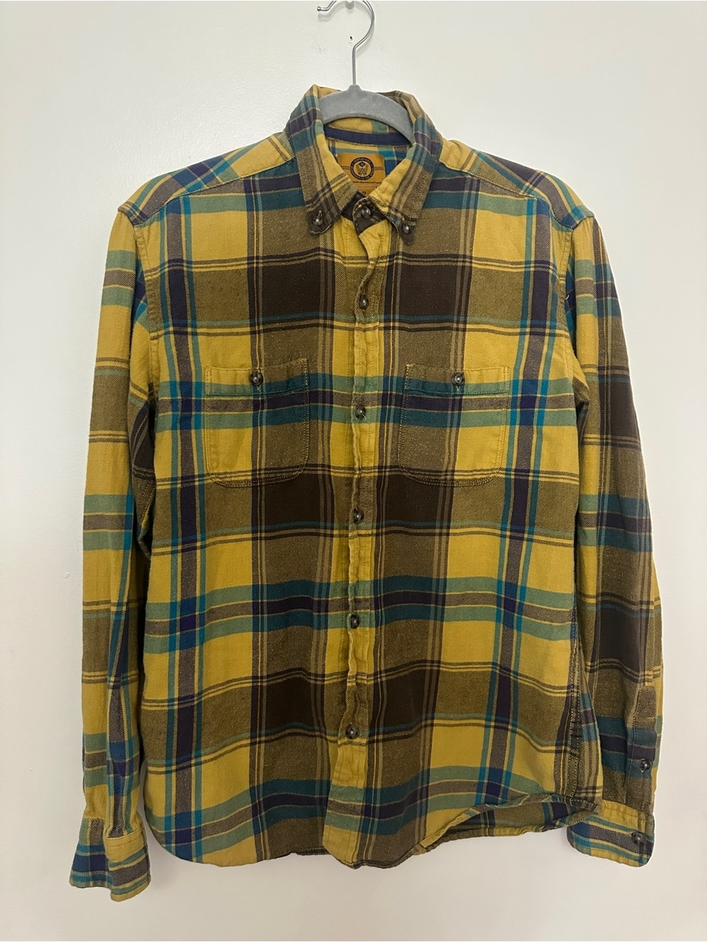 Men's Yellow Plaid Button-Down Shirt with Chest Pockets